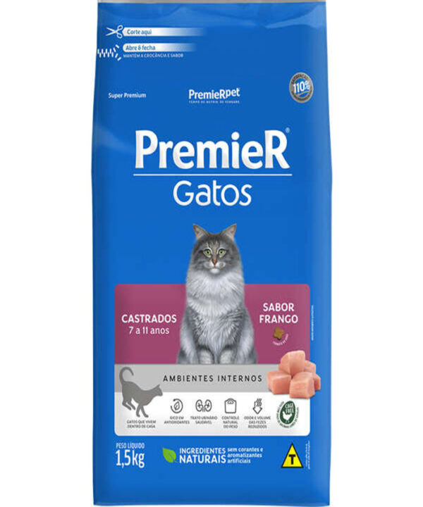 PREMIER GATOS CASTRADOS 7 A 11 ANOS FRANGO 1,5 KG