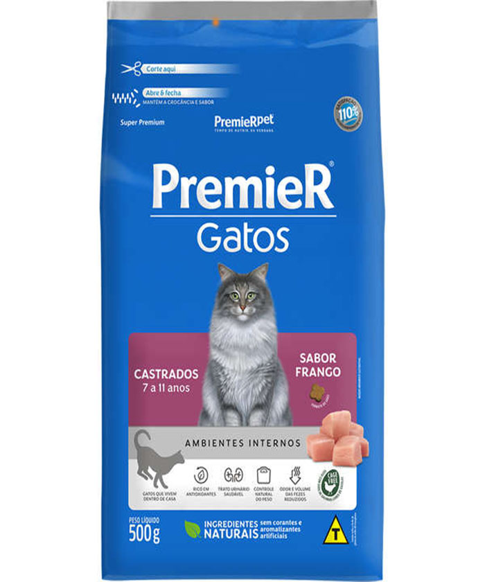 PREMIER GATOS CASTRADOS 7 A 11 ANOS FRANGO 500 GR