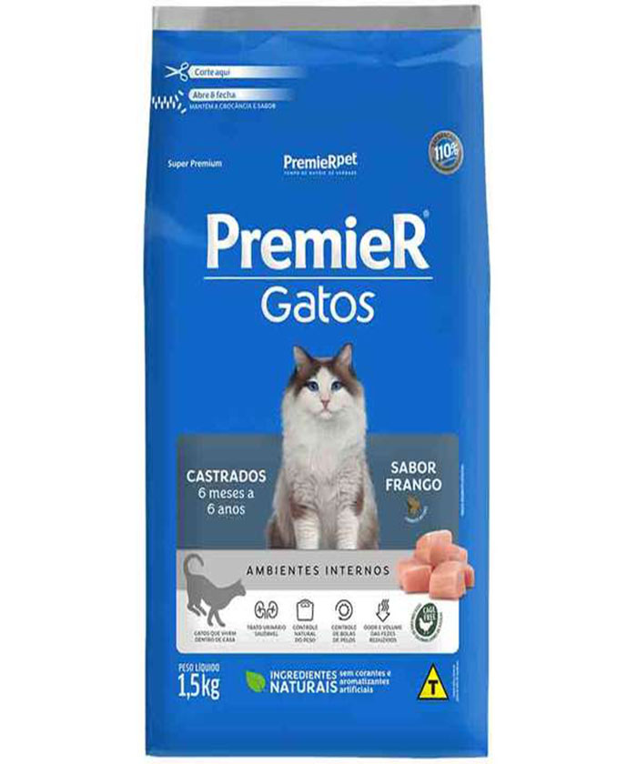 PREMIER GATOS CASTRADOS DE 6 MESES A 6 ANOS FRANGO 1,5 KG